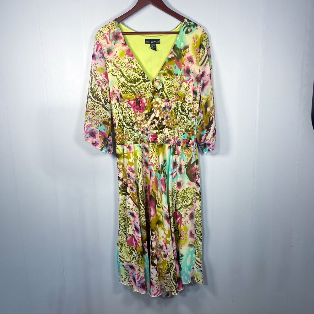 Mlle Gabrielle Womens 12 Floral Garden Fairy Midi Dress Smocked Waist Boho Chic